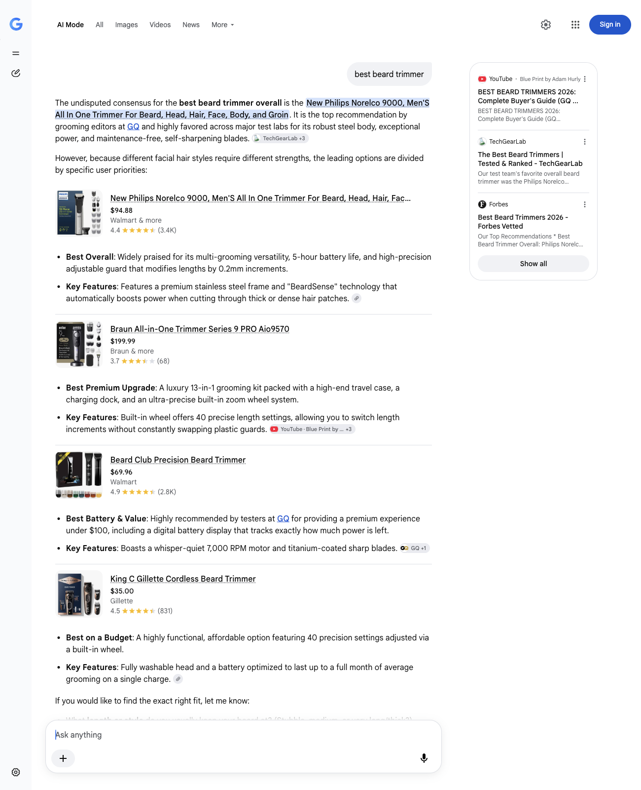 Google AI Mode listing the same Braun trimmer at $199.99.