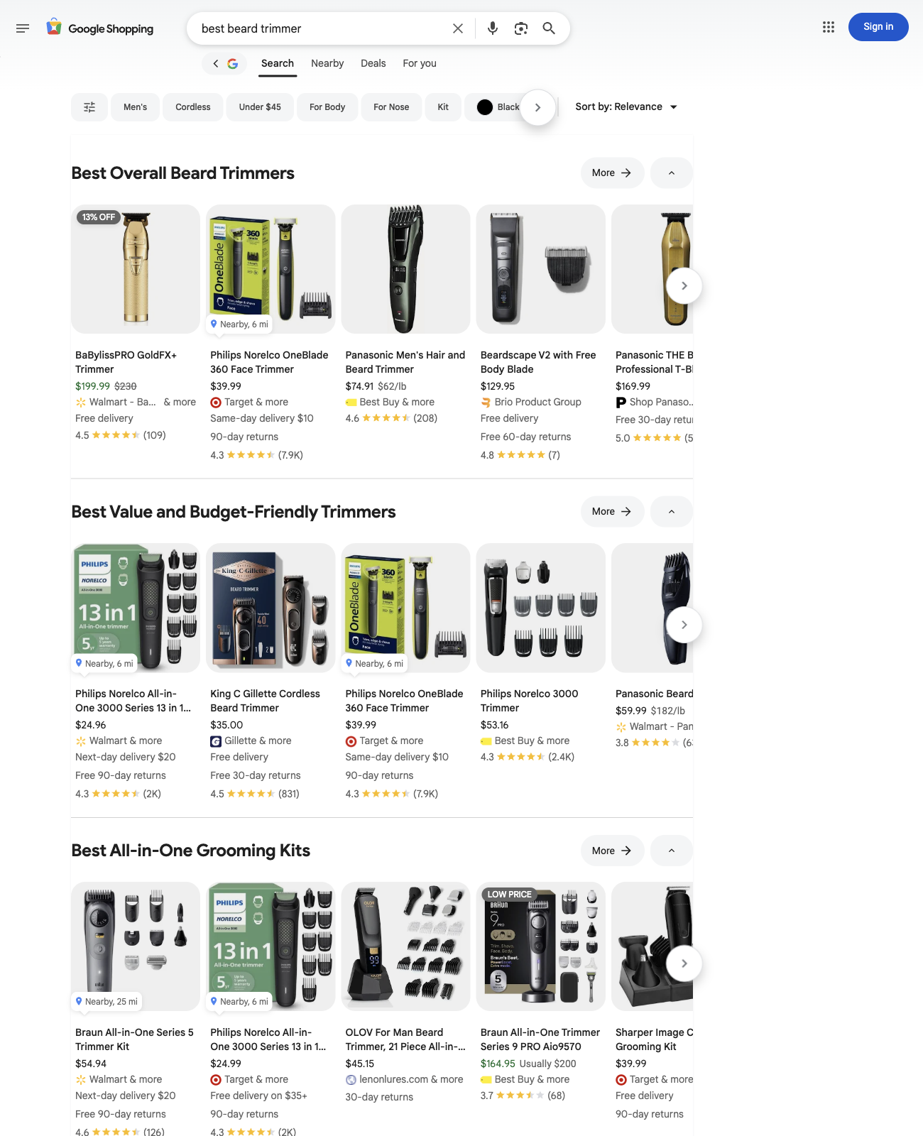 Google Shopping showing the Braun All-in-One Trimmer Series 9 PRO Aio9570 at $164.95 from Best Buy, tagged LOW PRICE.