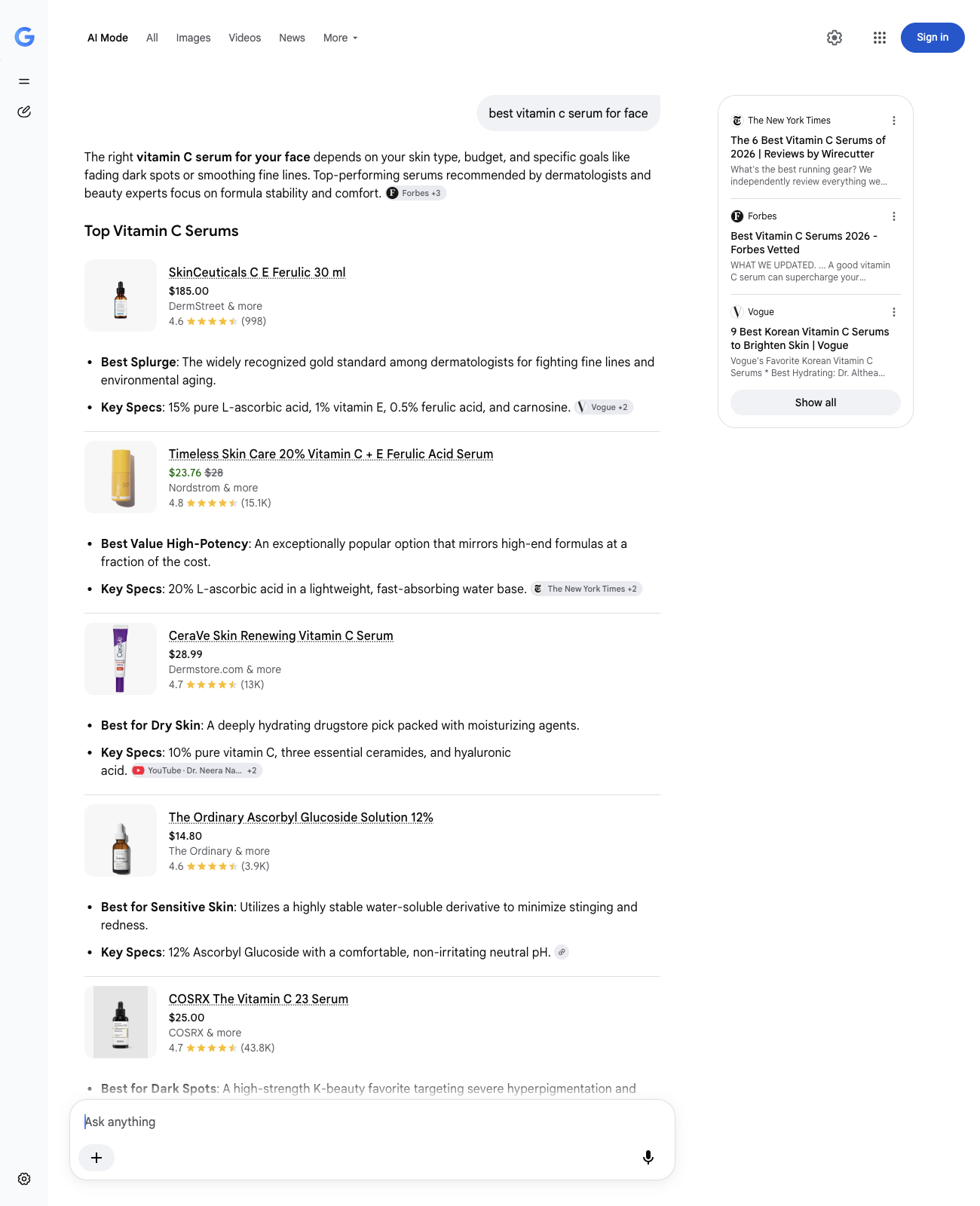 Google AI Mode listing the same CeraVe serum at $28.99.