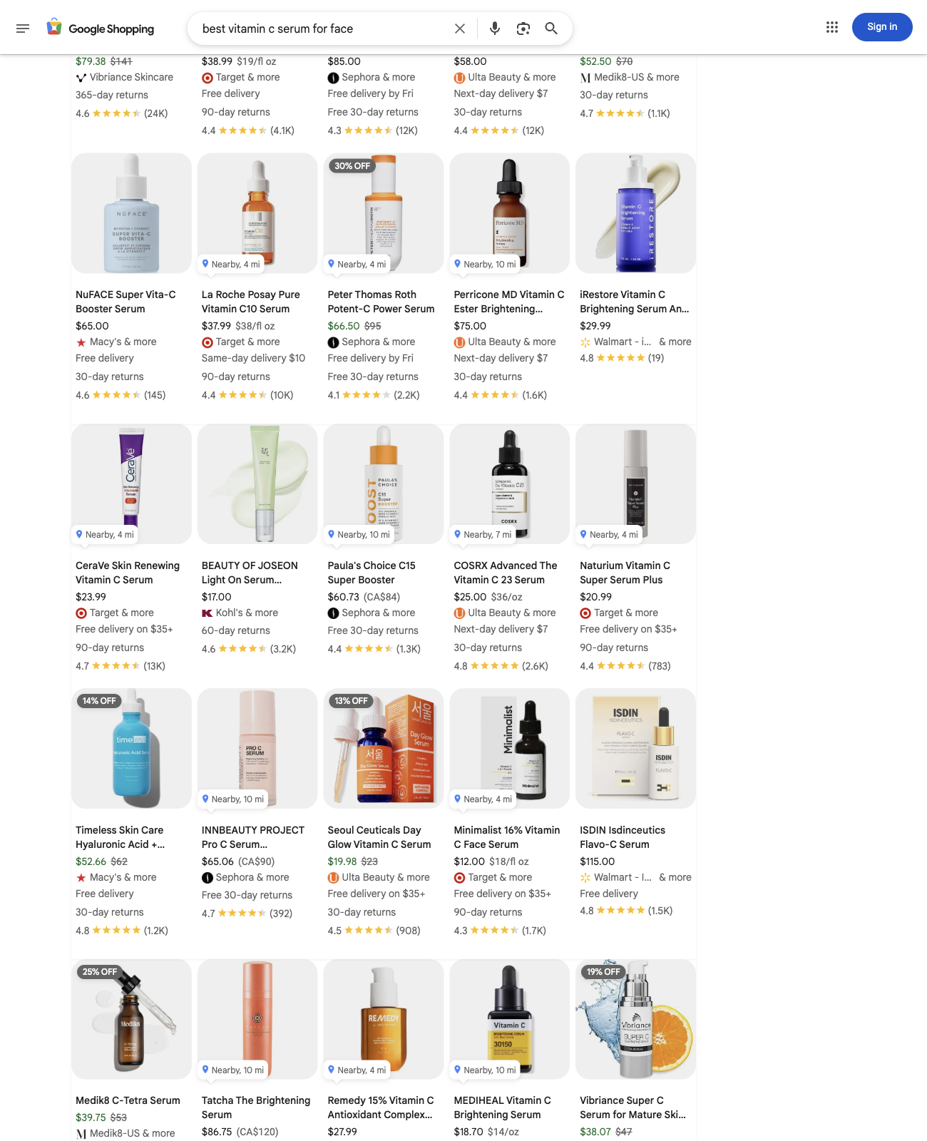 Google Shopping showing the CeraVe Skin Renewing Vitamin C Serum at $23.99 from Target.