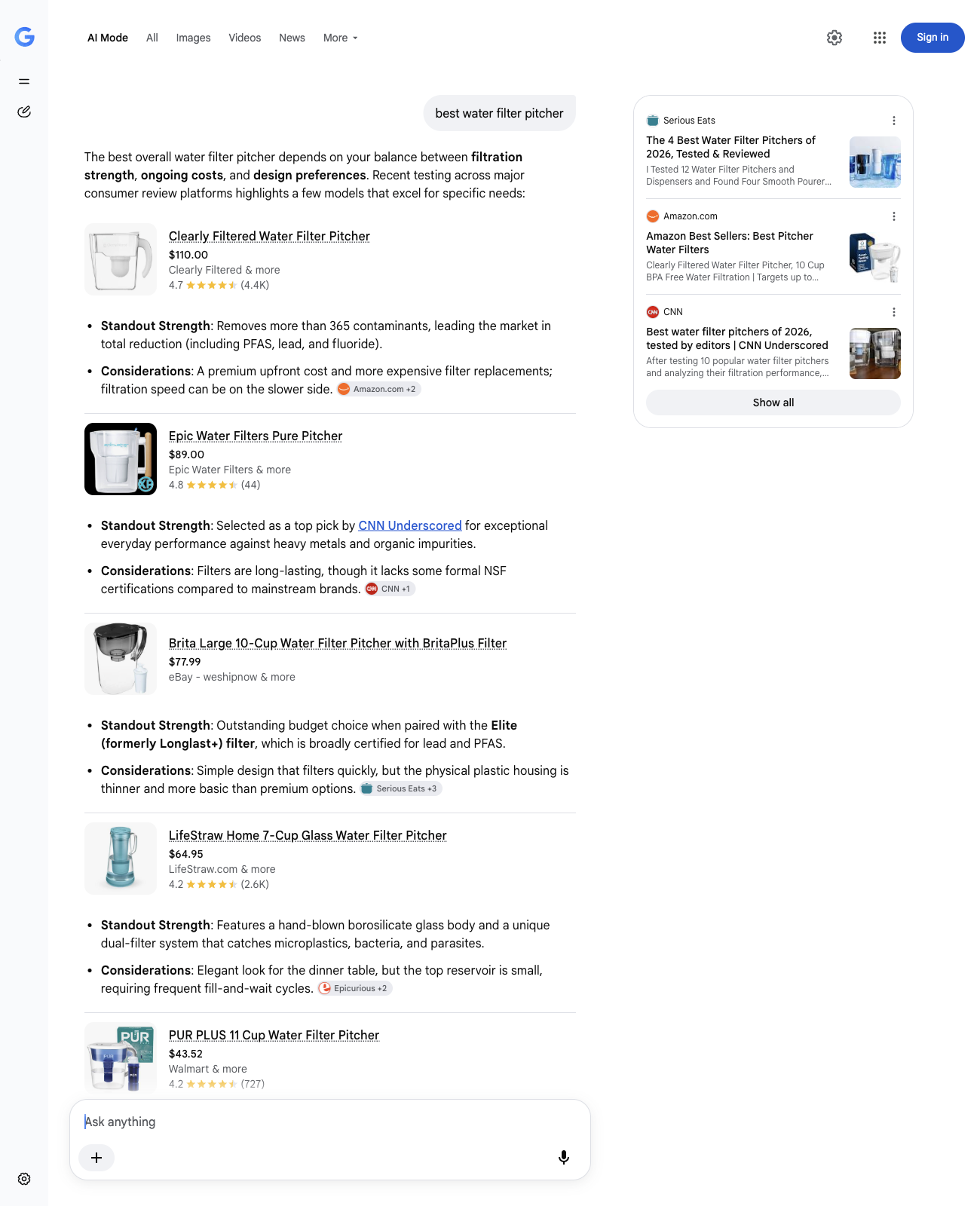 Google AI Mode listing the same PUR pitcher at $43.52.