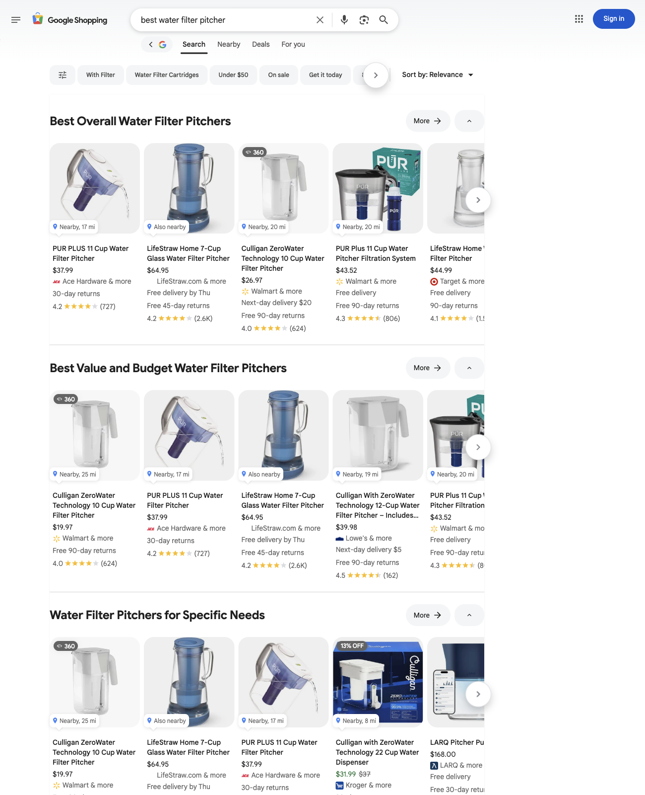 Google Shopping showing the PUR PLUS 11 Cup Water Filter Pitcher at $37.99.