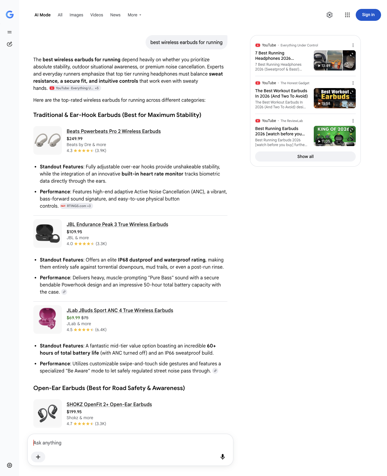 Google AI Mode listing the same JBL earbuds at $109.95.