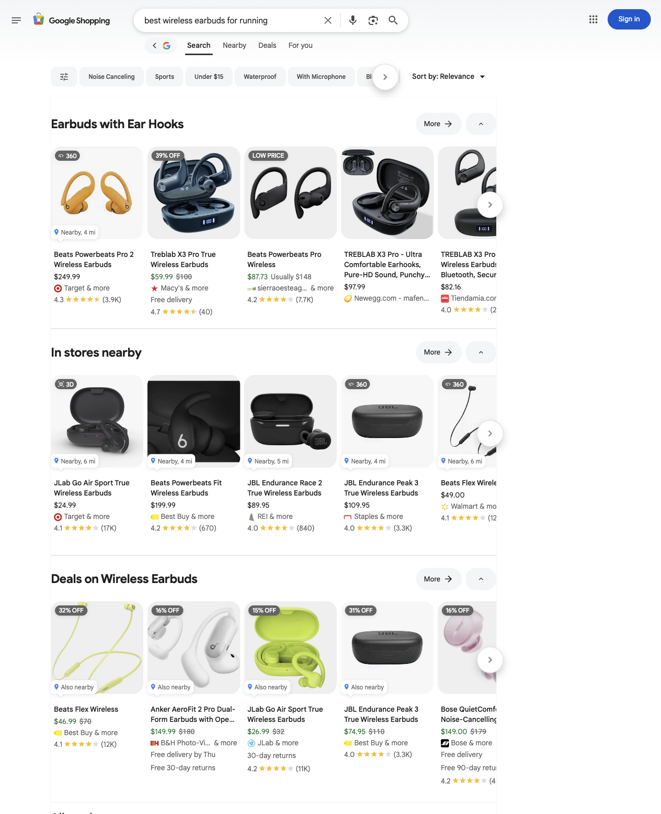 Google Shopping results showing the JBL Endurance Peak 3 at $109.95 and again at $74.95 from Best Buy.