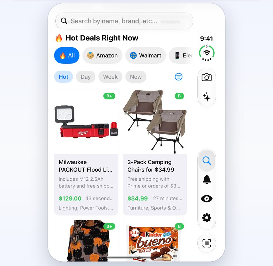 ShopSavvy on a closed iPhone Duo: Hot Deals Right Now with two deal cards to a row, and the Search, Alerts, Watching, More and Scan buttons in a bar along the right side.