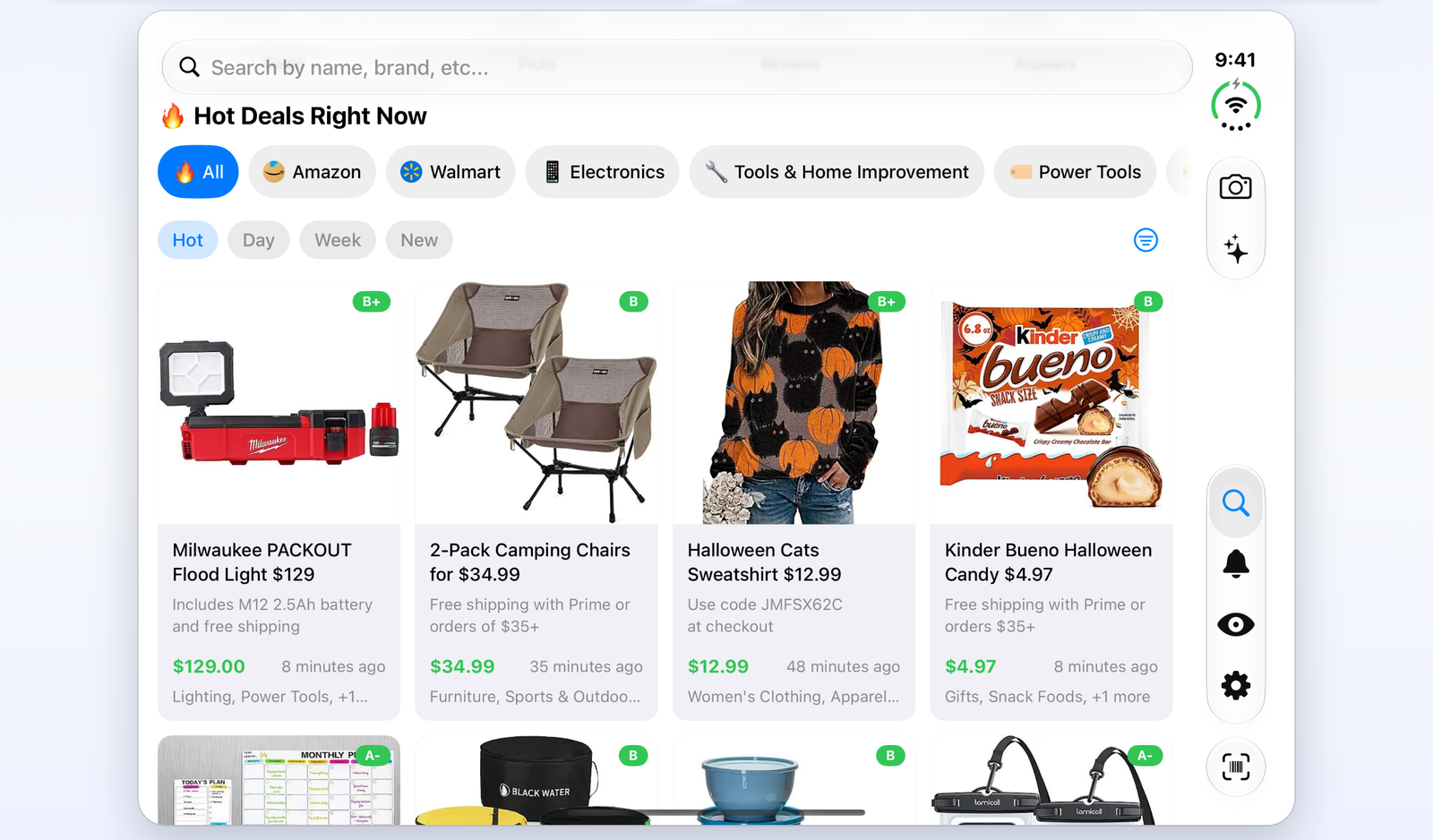 ShopSavvy on an open iPhone Duo held sideways: the same Hot Deals Right Now feed, now four deal cards across, with the tab bar along the right side.