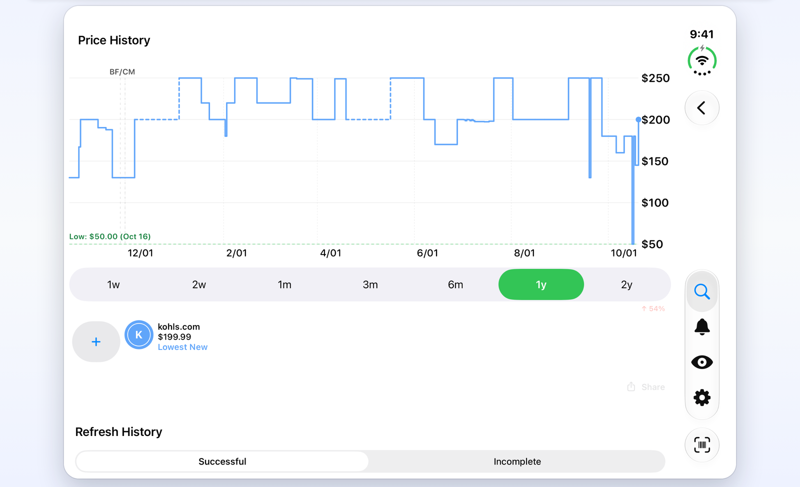 The same one-year price history chart on the open iPhone Duo, stretched across the wide inner screen.